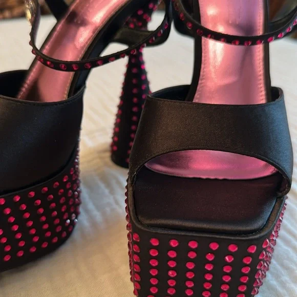 New Dolls Kill Kiss Me Goodnight Satin Platform Heels - Picture 11 of 15